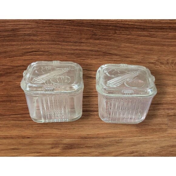 Federal Glass Refrigerator Dish Set Square Clear Vintage Ribbed Tomatoes & Celer - Picture 1 of 8